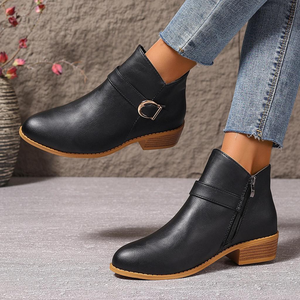 Fashion Women's oversized short round-toe side zipper ankle boots, 2025 model, thick-heeled fashion boots