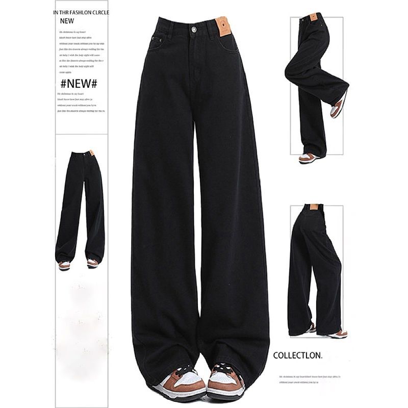 

Plus Size American High Street Black Wide-Leg Denim Women s 2025 Spring Loose Slim Looking Casual Drooping Straight Long Pants Black S