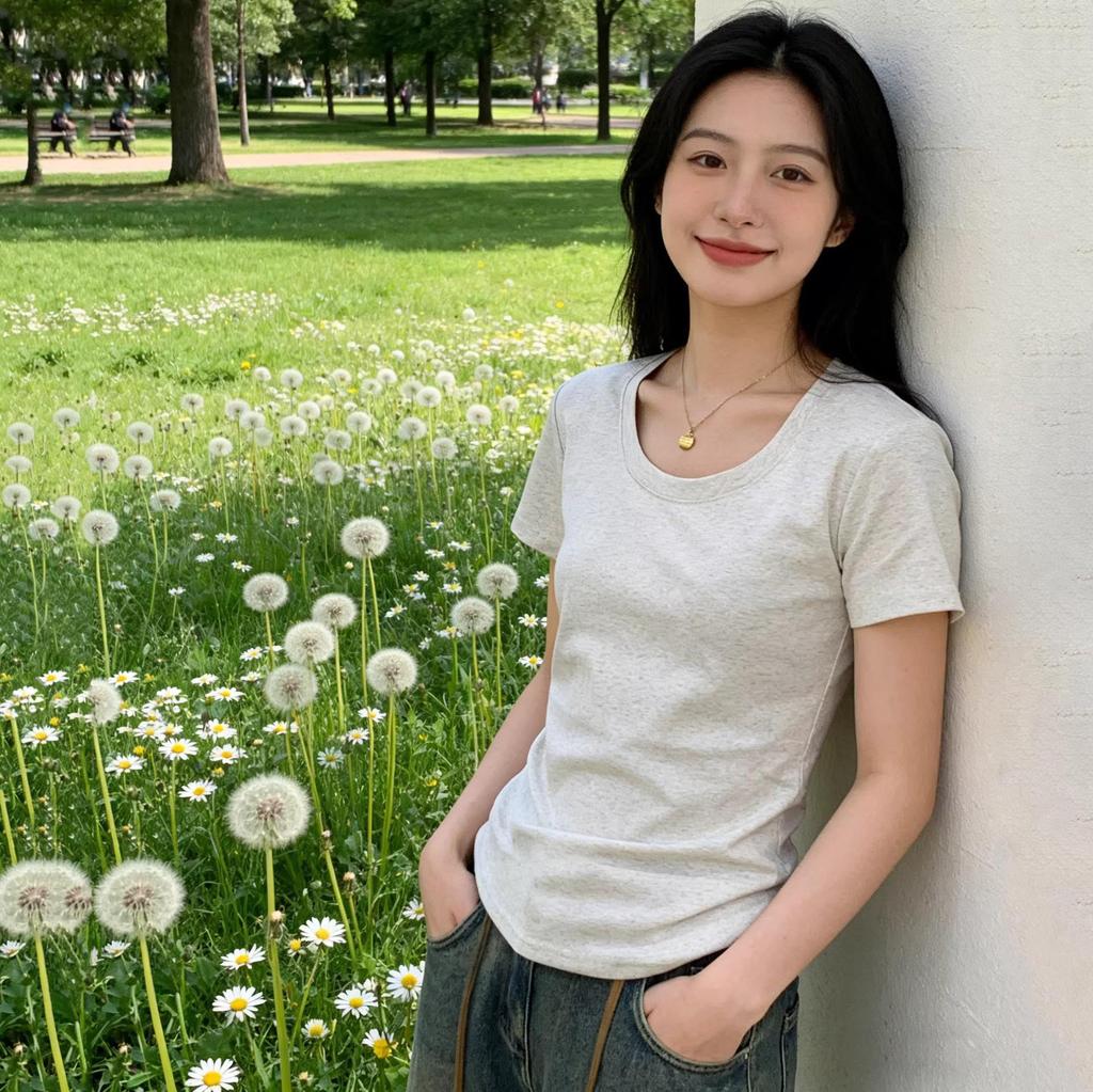 Women's Slim Fit Pure Cotton White Short-Sleeve T-Shirt - Round Neck, Versatile Basic Summer Top