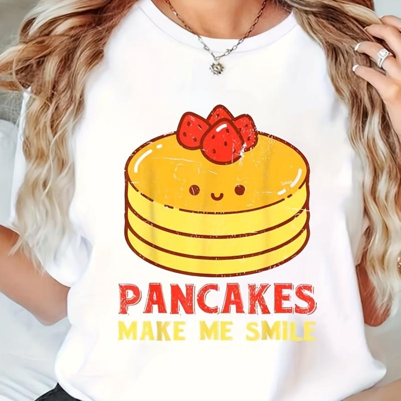 

Women S Cute Pancake Maker Graphic T-Shirt - 100% Soft Round Neck Casual Top with Pancakes Make Me Smile Slogan & Smiling Pancake Design, S белый