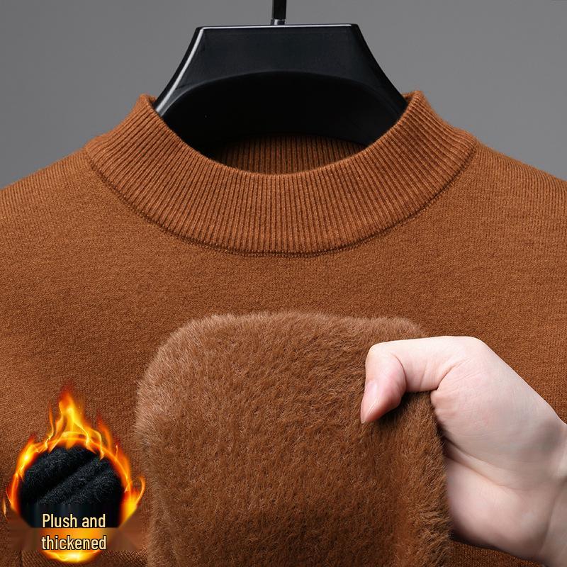 Men's Plush-lined Knit Sweater: Winter Fashion, Thick Warm Mink Velvet, Half-high Collar Knitwear