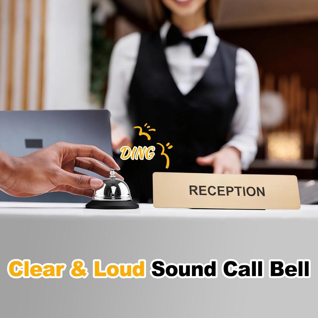Call Bell for Desk - 2 Pack 3.3 Inch Service Bell, Gleaming Silver Anti-Rust Metal Construction for Hotel Counter/Office Reception, School Restaurant