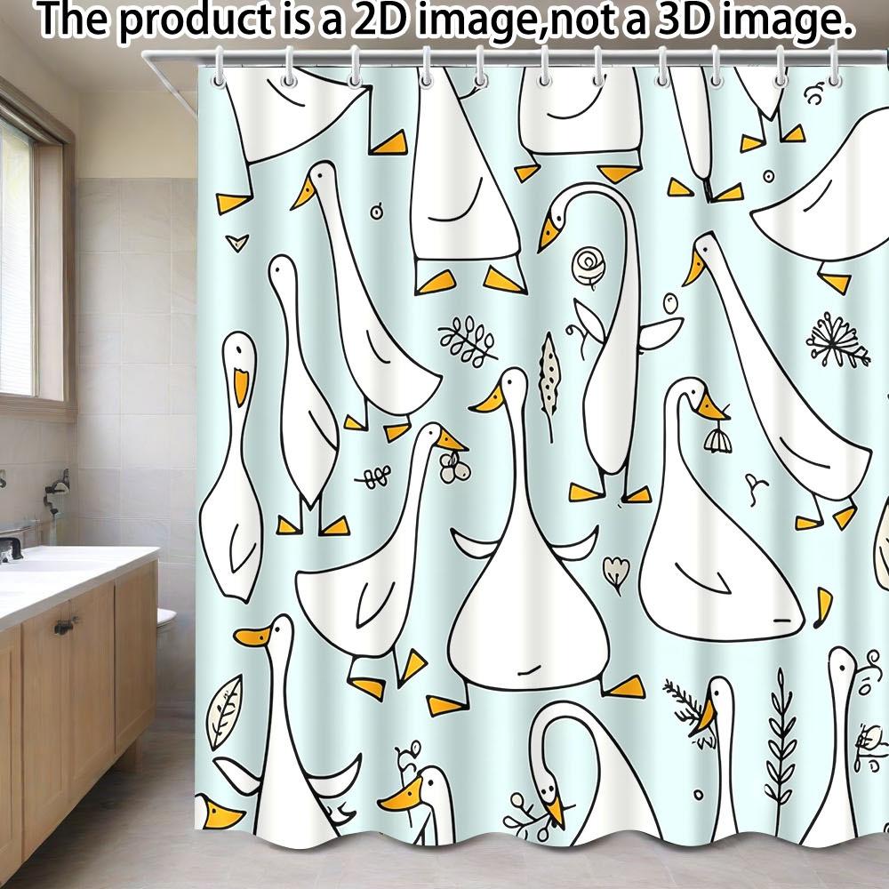 Jessica Chen Light/Blue Whimsical Goose Shower Curtain – Background, Cartoon Ducks & Leaves, 12 Hooks, Machine Washable, Fun Bathroom Decor