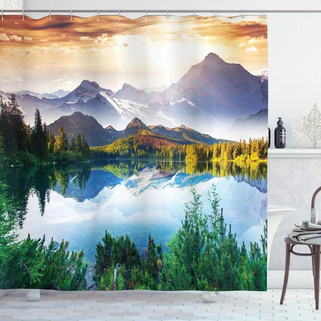 unframed Tropical Forest Shower Curtain, Nature Scenery Green Tundra Forest Waterfall River Animal Bridge, Bathroom Decorative