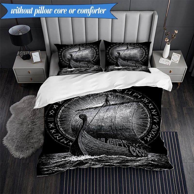 3PCS Viking Ship At Sea Bedding Set,Including 1pc Duvet Cover And 2pcs Pillowcases Perfect for Bedroom, Dormitory, Fan Christmas Gift