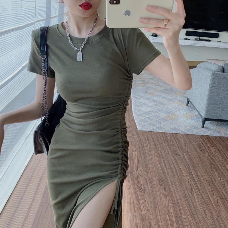 Women's Bodycon Midi Dress Short Sleeve Crew Neck Ruched Side Slit Dress Slim Fit Drawstring Casual T-Shirt Dress for Summer Streetwear Daily Wear