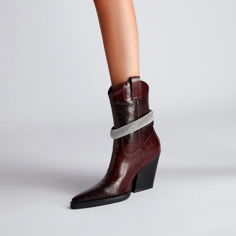 Fashion Kaky's New Pointed Stone Water Diamond Thick High Heel Large Women's Boots Short Boots Western Boots