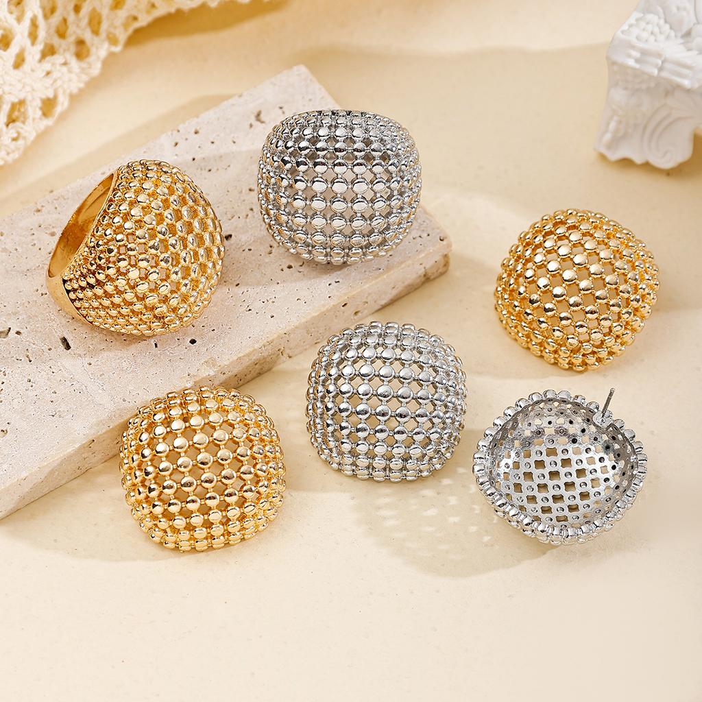 Retro Ring Set Minimalist Geometric Hollow Jewelry, Round Bead Metal Stud Earrings For Women