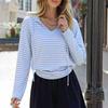 Women's Casual V-Neck Hooded Long Sleeve Striped Loose Fit Pullover Top