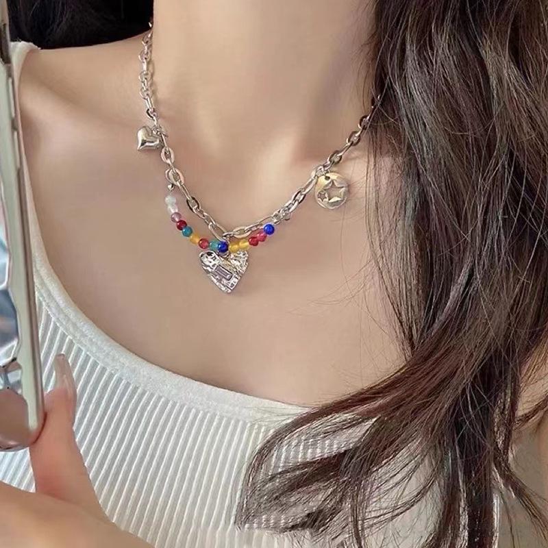 Colorful Beaded Heart Necklace for Women - Summer Titanium Steel Clavicle Chain, Luxury Hip Hop Accessory