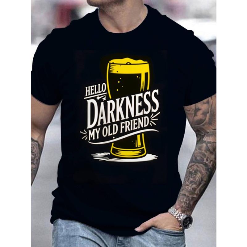 Men's Casual Street Fitness T-Shirt | 'Hello Darkness, My Friend' Yellow Beer Print Design - Untextured, Crew Neck, Regular Fit, Large Size