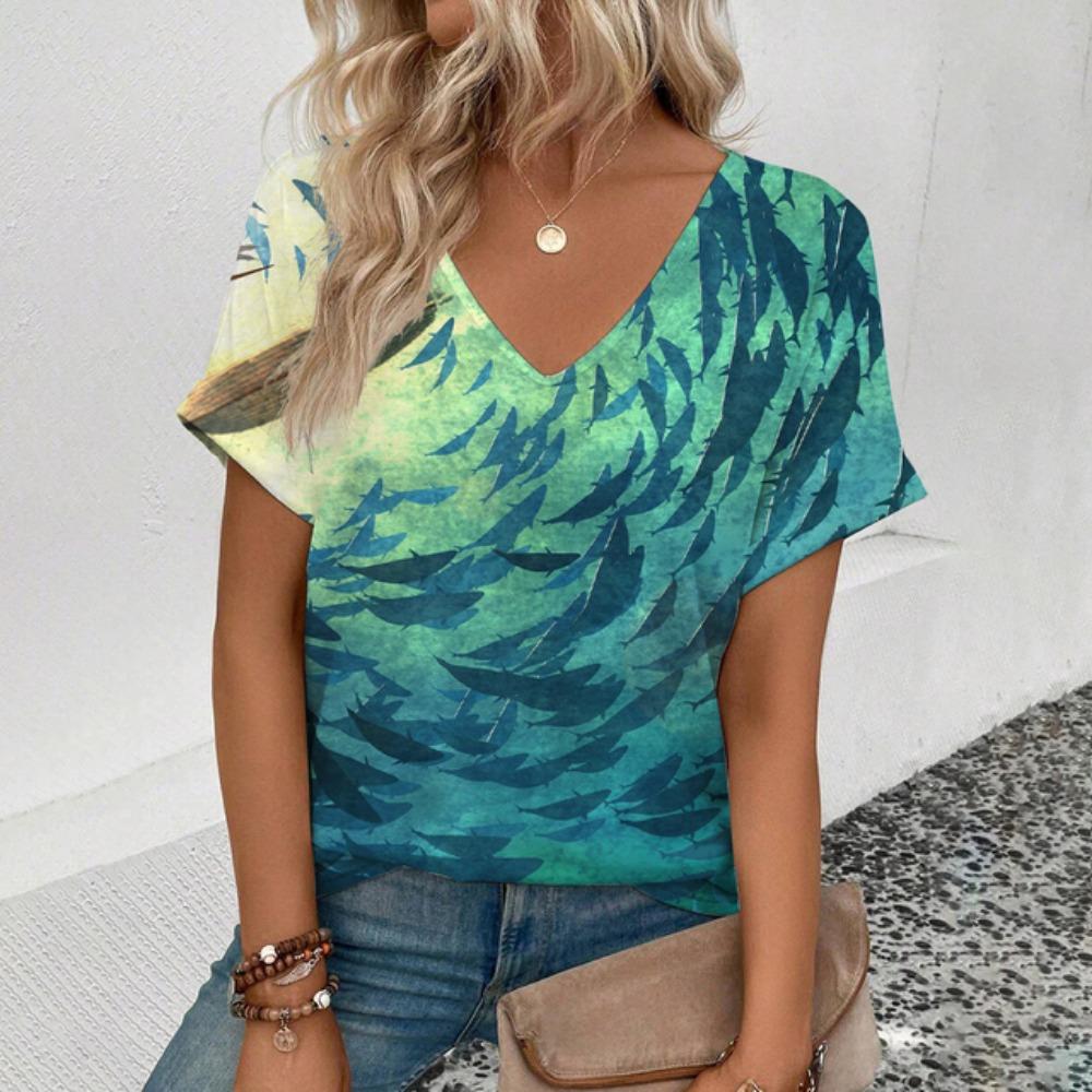 

2024 Лето Отдых Удобная Женская Элегантная Футболка с V-образным вырезом Модная Футболка с Принтом Лотоса Пруд Большая Размер XL