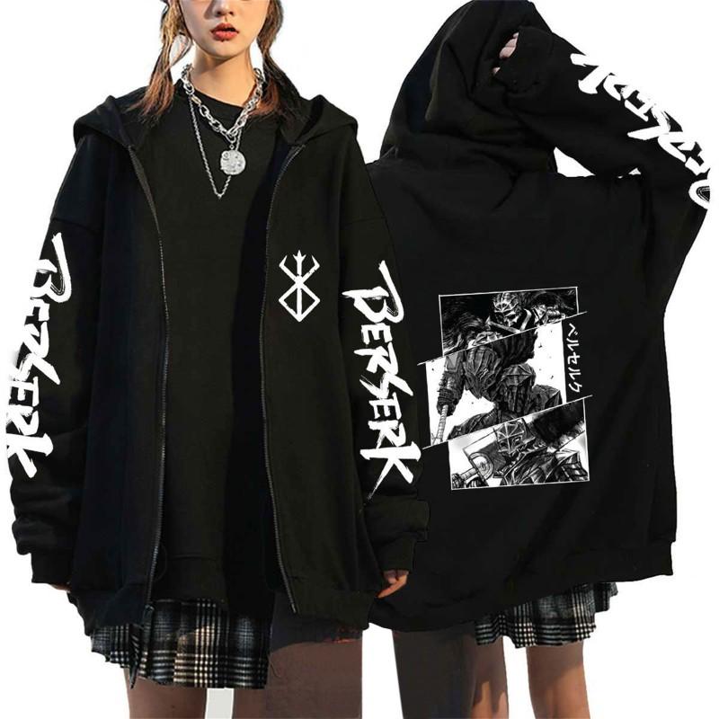 Womens Berserk Anime Print Zip-Up Hoodie Casual Loose Sweatshirt