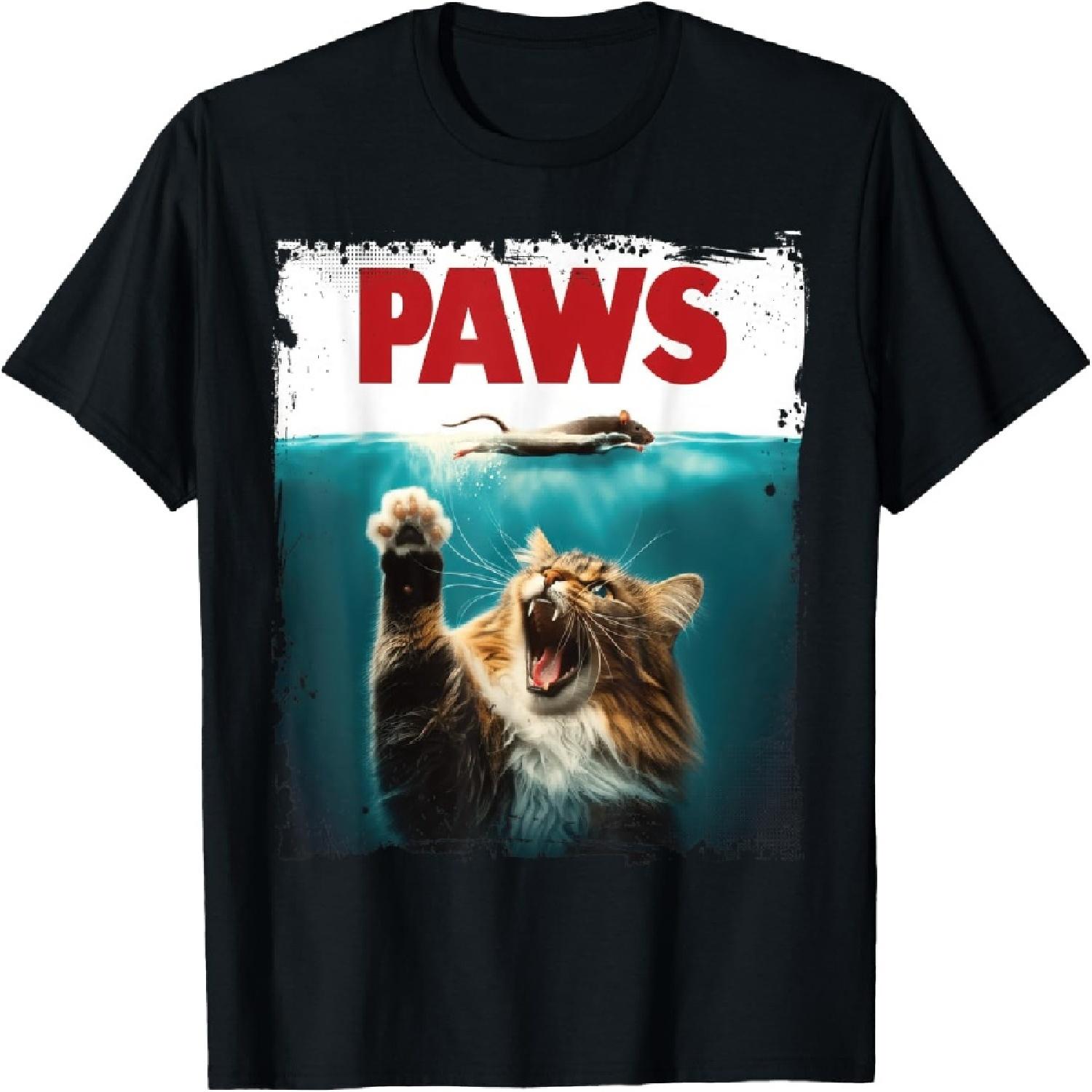 PAWS Parody Cat Mouse Humorous Cat Chasing Mouse Kitten T-Shirt, Small, Black S
