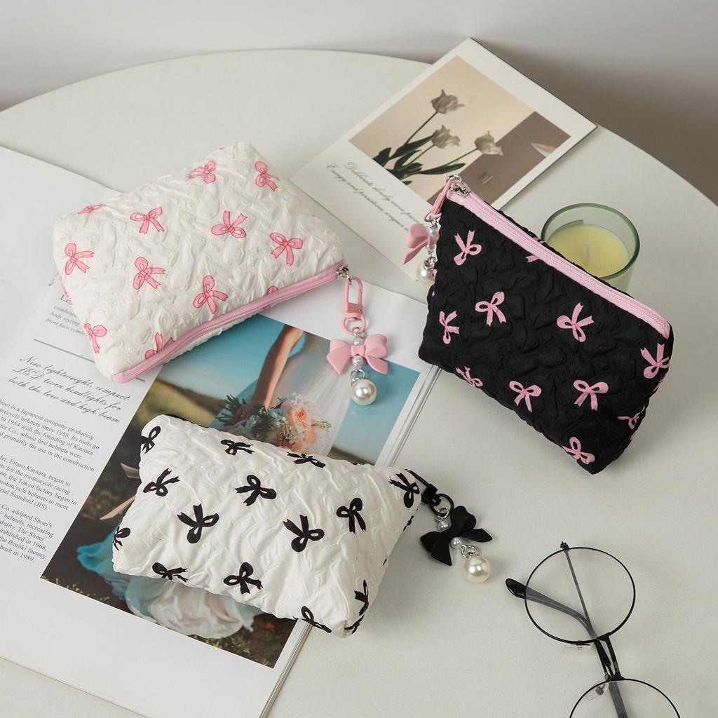 Elegant Bow Decor Cosmetic Bag Portable Makeup Storage Pouch Large Capacity Purse For Lipstick Skincare Accessories Daily Travel