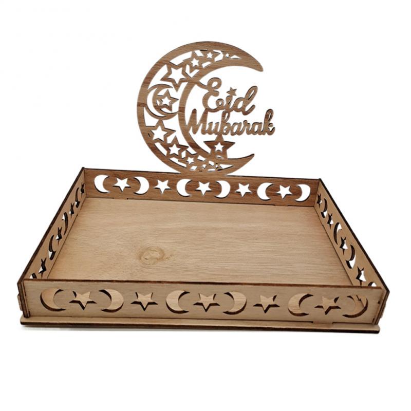 Eid Mubarak Wooden Food Tray Ornament Islamic Eid Al-fitr Ramadan Table Decoration Dessert Tray Crafts Party Holiday Decorations