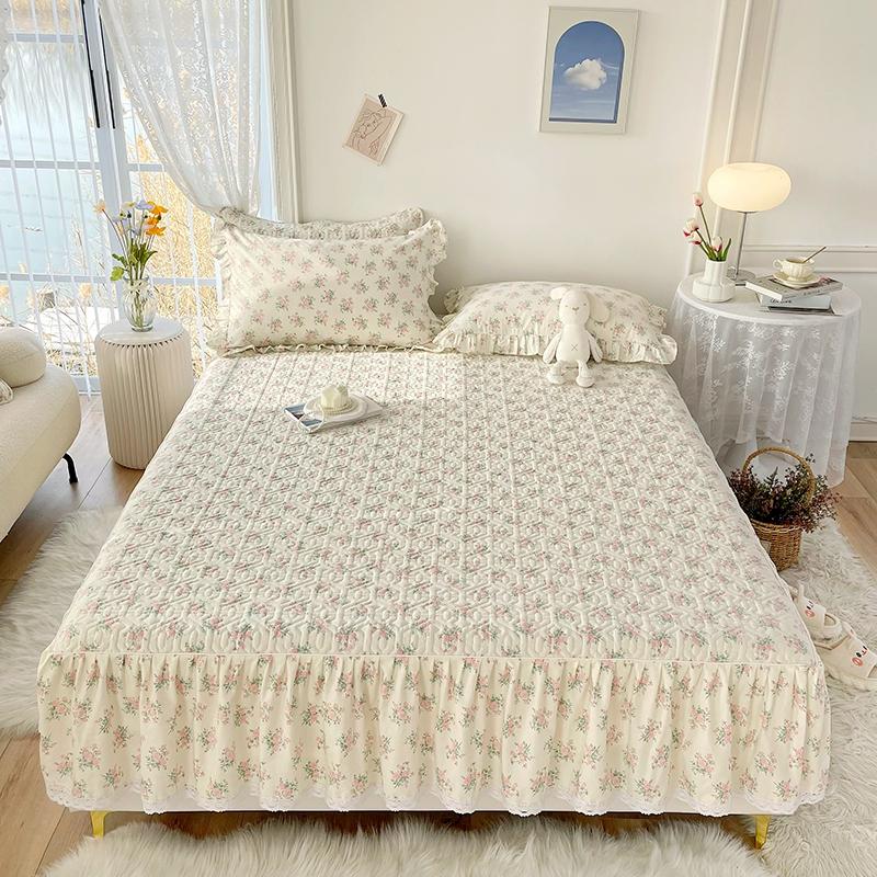 1pc Pure Cotton Thicken Quilted Mattress Cover with Skirt Queen/King Bed Sheet Skirt Elastic Band 200x220cm  (No Pillowcase)