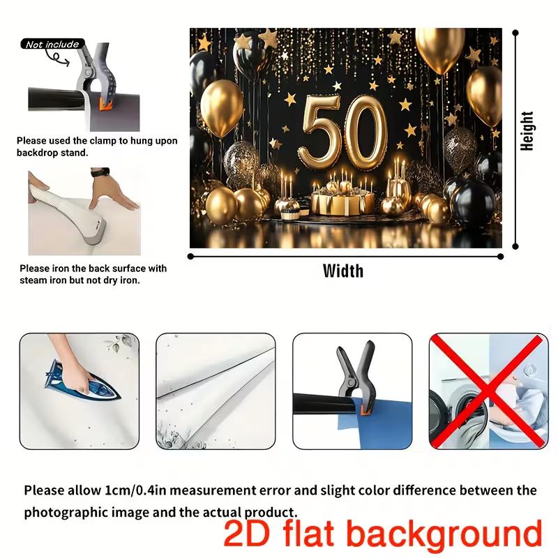 2D 50th Birthday Party Backdrop Banner, Black Gold Theme for Indoor & Outdoor Decoration