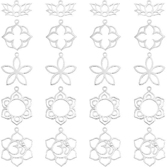 UNICRAFTALE 20pcs 5 Styles Flower Hollow Charm Open Back Bezel Pendants Stainless Steel Frame Charms Dangle Charms Yoga OM Lotus for Resin Pressed