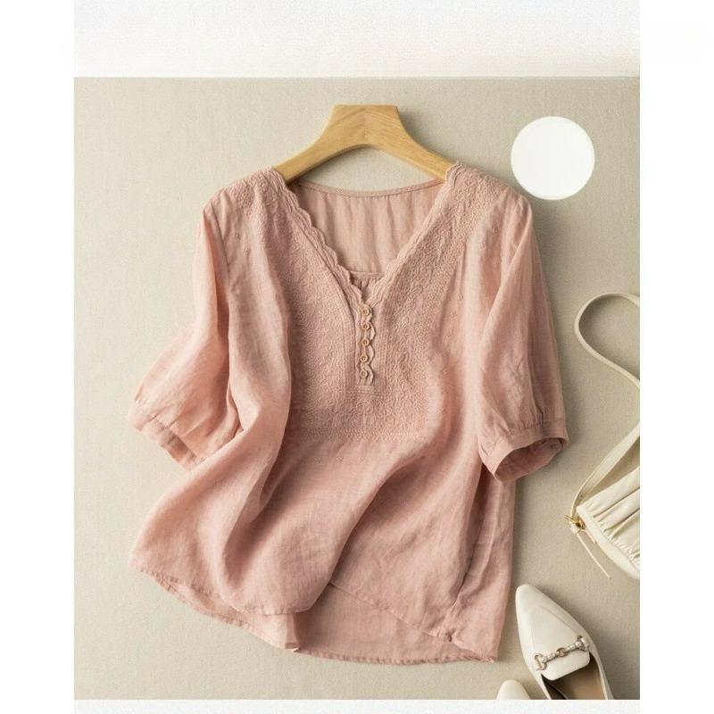 

Summer Literary Linen Short-sleeved Shirt Temperament Embroidered Collar Cotton and Linen Thin Casual Top Women XL рожевий