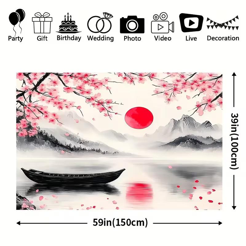 2D Artistic Cherry Blossom Lake Backdrop Traditional Japanese Style Banner