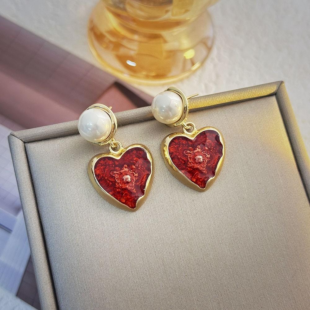 Heart Shaped Dangle Earrings with Pearl Studs Gold Plated Frame Lightweight Elegant Jewelry for Women One Size
