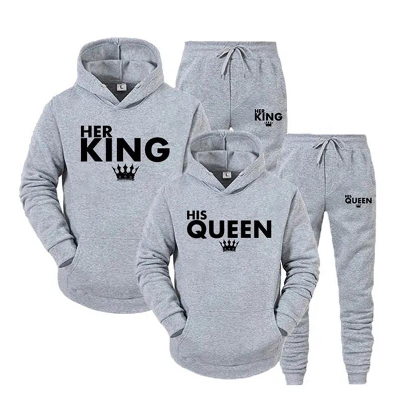 Lover Her QUEEN or His KING Printed Tracksuits Couple Hoodies Outfit Suits Casual Hooded Sweatshirt + Sweatpants Two Piece Set Sport Wear Men’s