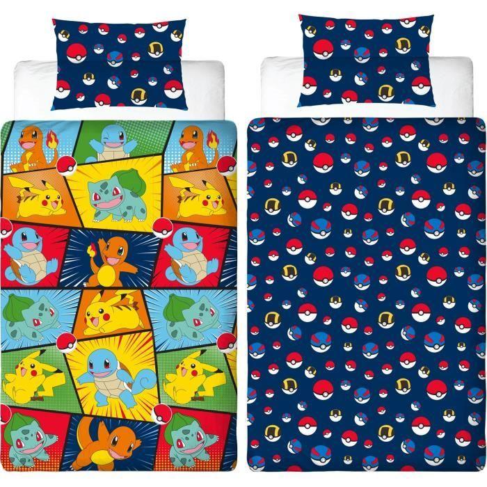 Parure De Lit Réversible - POKEMON - Starter & Poké-ball - Microfibre - 1 Housse De Couette 140 X 200 Cm + 1 Taie 63 X 63 Cm