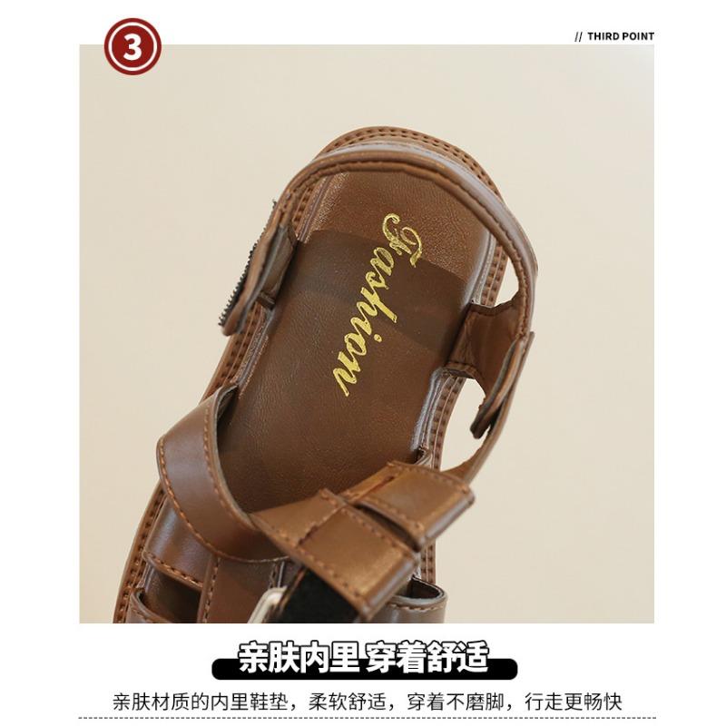 Girls Casual Closed Toe Buckle Strap Woven Thick Sole Roman Sandals