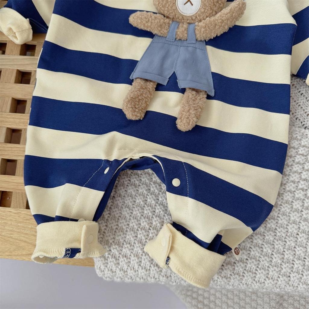 Levinjia Baby Strampler mit Streifen und kleinem Bären - Langarm-Body für Jungen und Mädchen für Frühling/Herbst
