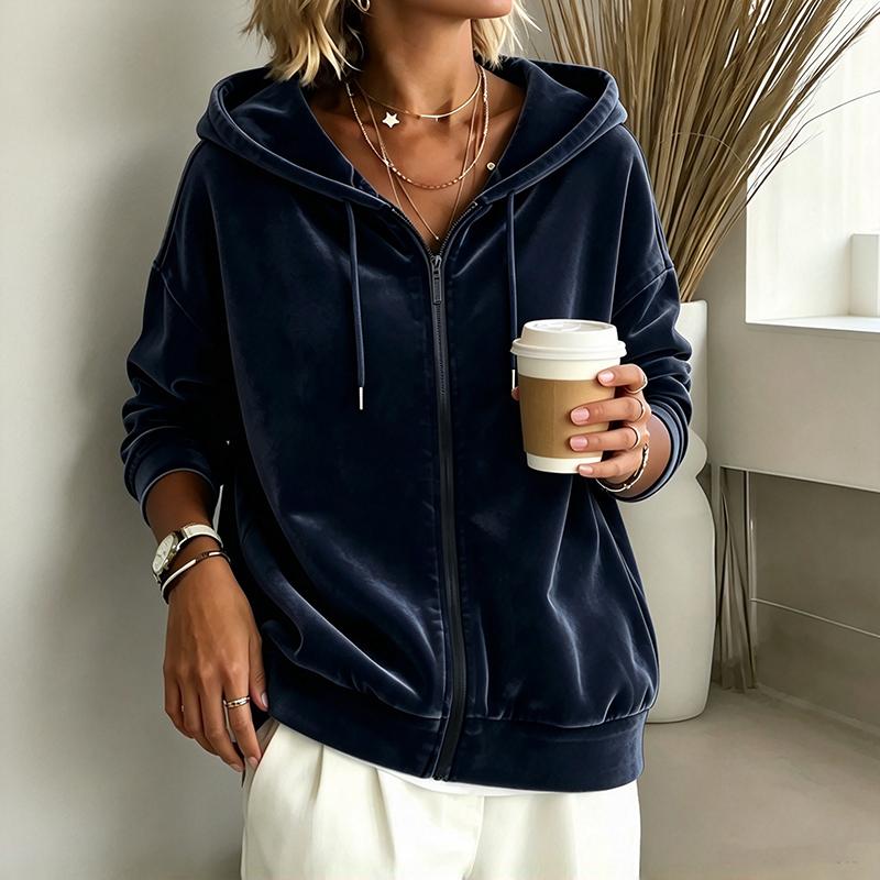 Women'S Solid Color Velour Zip Up Hoodie Carsigan Long Sleeve Velvet Hooded Jacket Casual Loose Fit Sweatshirt Fall Outerwear