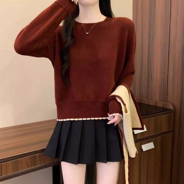 Chic Red Christmas Shawl Sweater for Women - Korean Style Knit Top, Petite Autumn/Winter Fashion