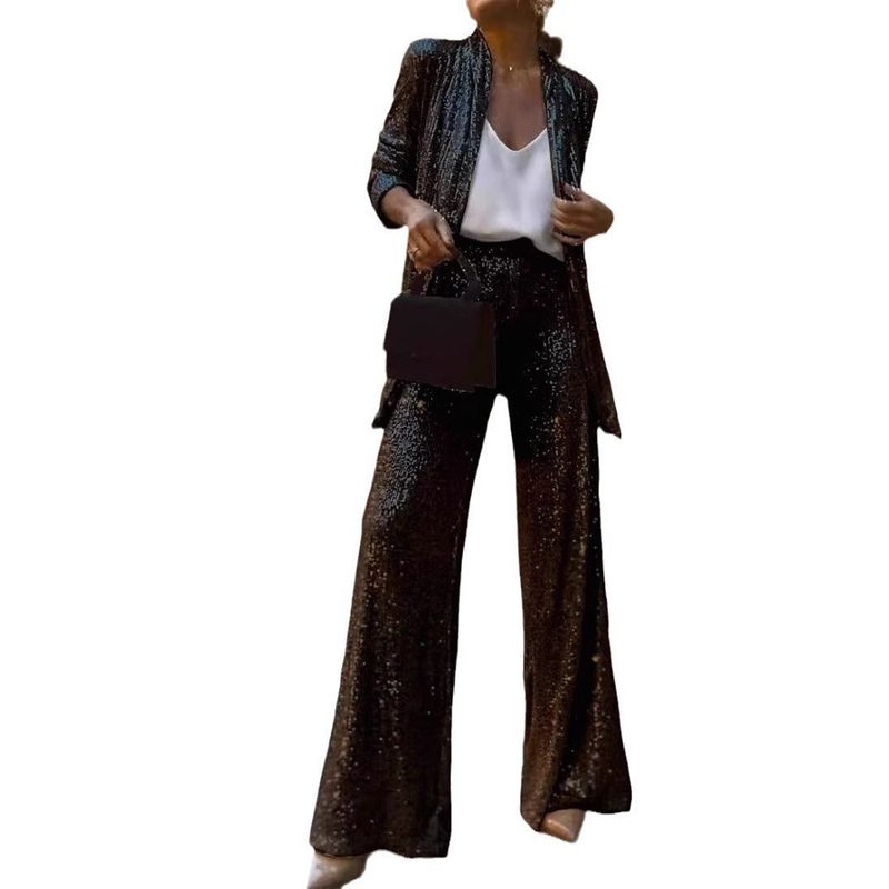2025 Spring New Cross-Border Three-Color Sequin Full Sequined Small Suit High Waist Fashion Casual Straight Pants Two-piece Set Suit