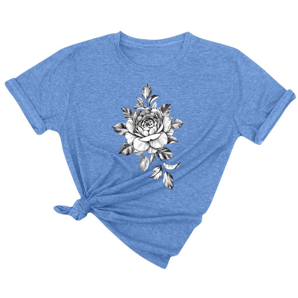 Women's Fashion Solid Color Round Neck Floral Print Pullover Casual T-Shirt