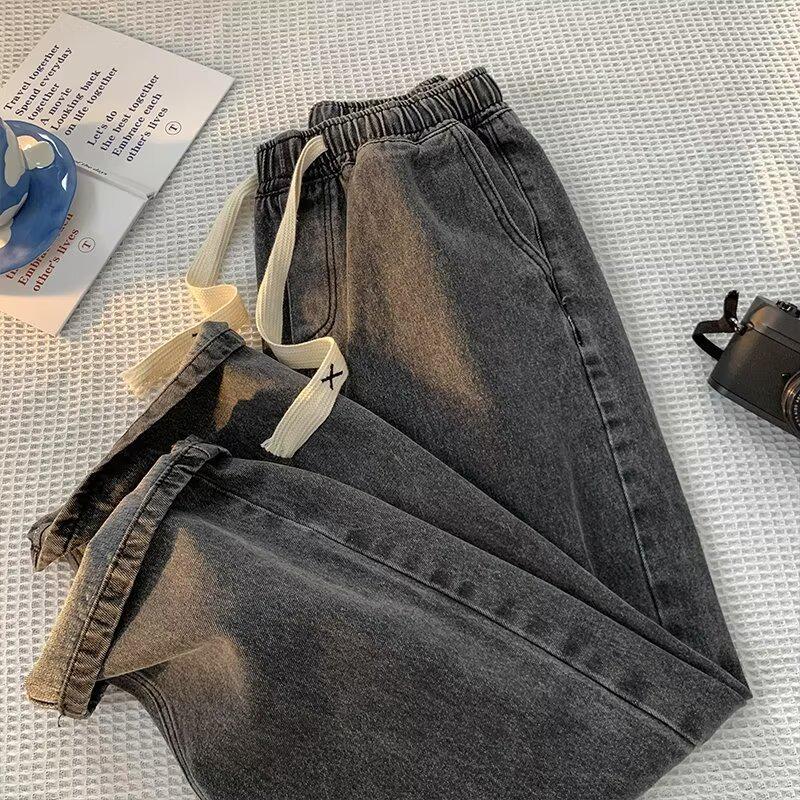 Malaysia Trendy Men's Loose Straight Jeans with Drawstring Waist – Versatile High Street Summer Pants