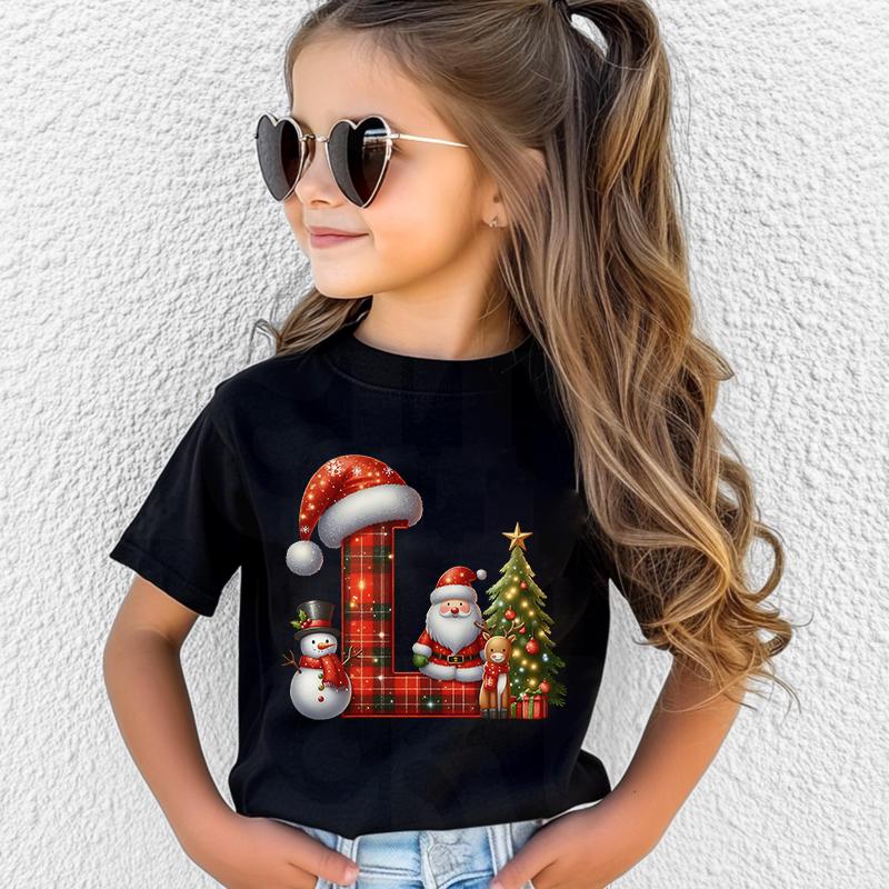 Personalized Kids Christmas T-shirt with A-Z Alphabet Print, Santa Hat Design for Boys & Girls