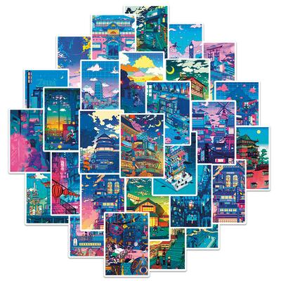 50pcs Cute Art Street Night View Cartoon Stickers Aesthetic Ins Decals Scrapbook Phone Laptop Luggage Wall Sticker Kid Toy