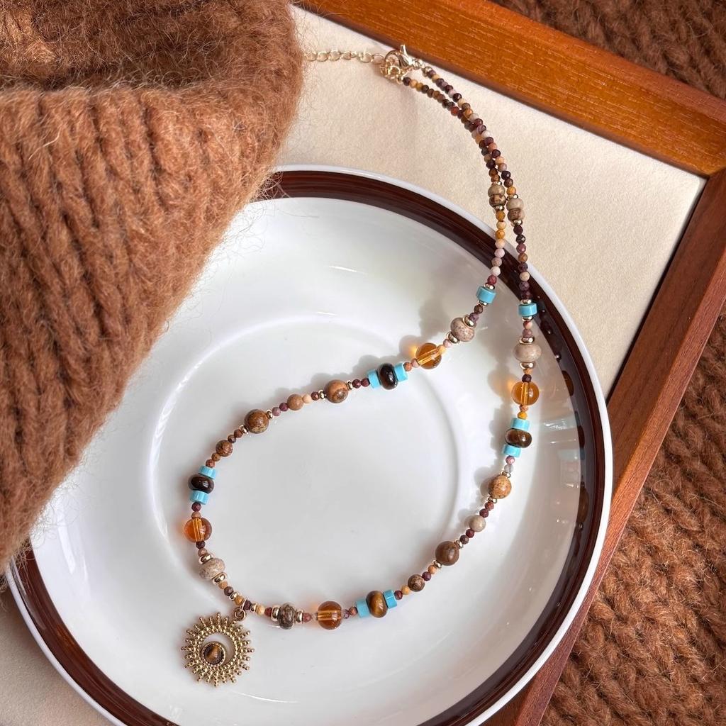 Titanium Steel Natural Stone Rice Beads Sunflower Beaded Necklace New Chinese Retro Collarbone Chain Light Luxury Cold Wind Necklace Decoration Women