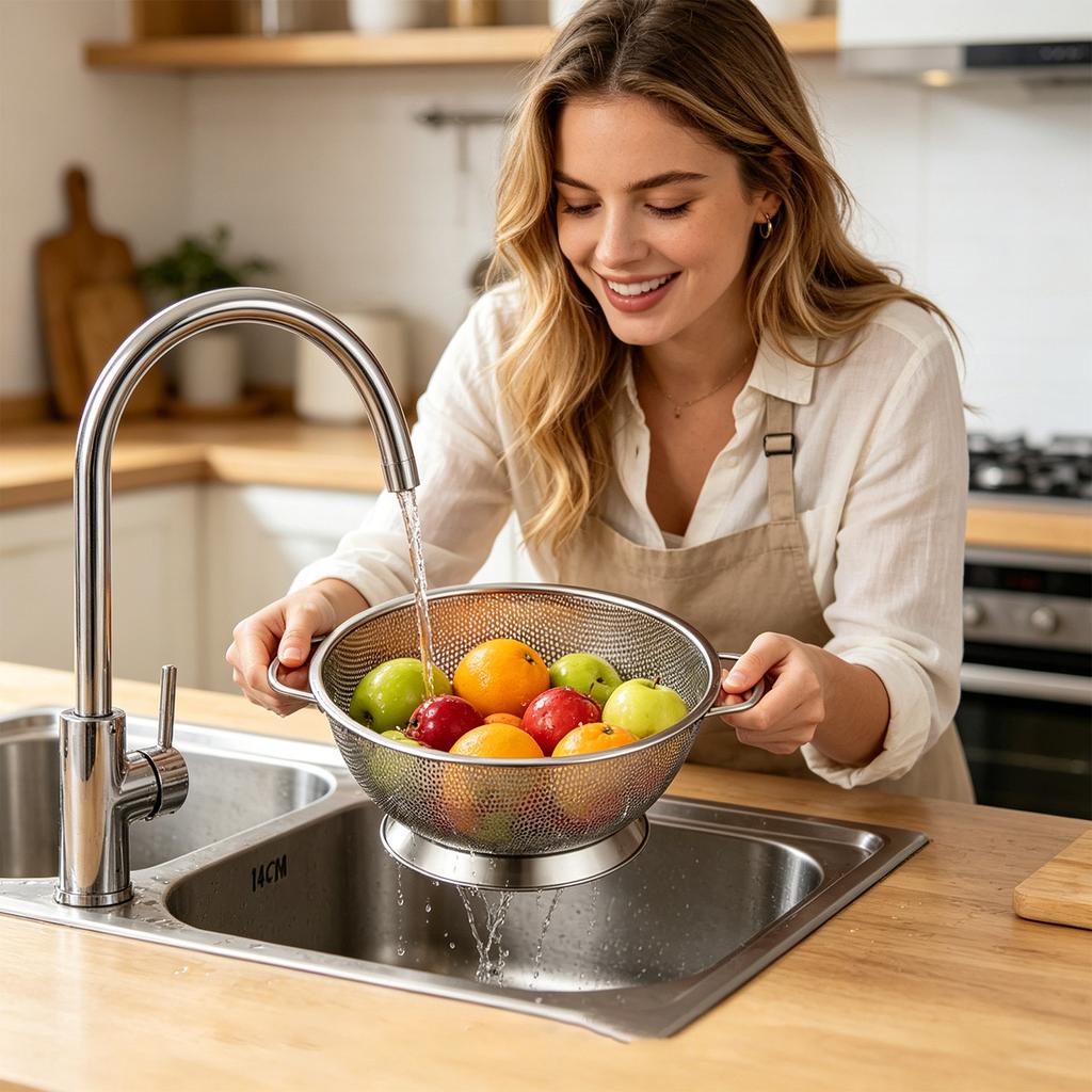Stainless Steel Kitchen Colander with Side Handles and Raised Base for Washing Vegetables Fruits Pasta Rice Durable Mesh Basket
