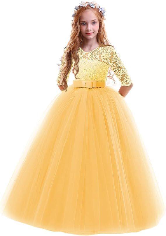 Girls Long Sleeve Flower Girl Wedding Dress Princess Gown