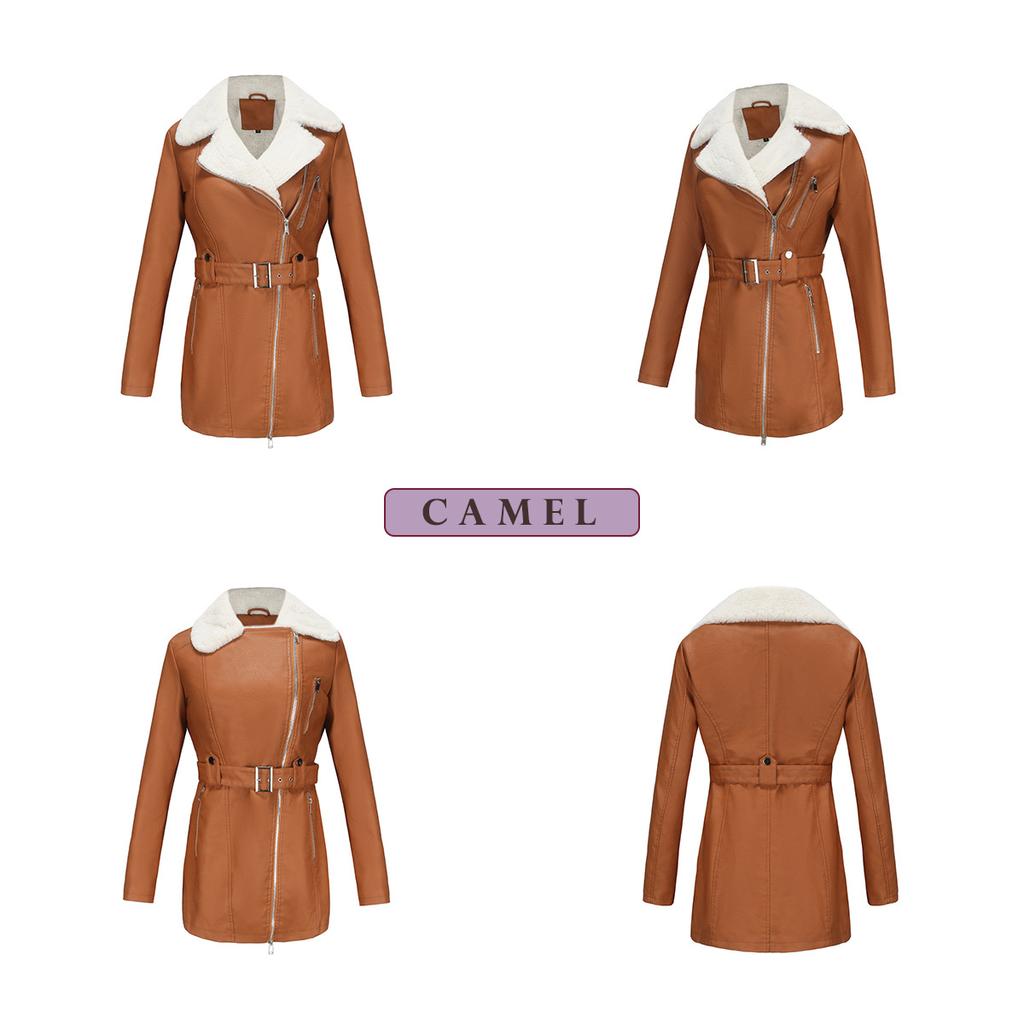 Herbst und Winter Langarm Fleece-gefütterte Leder Damen Revers Doppelreißverschluss mit Gürtel Warme Jacke