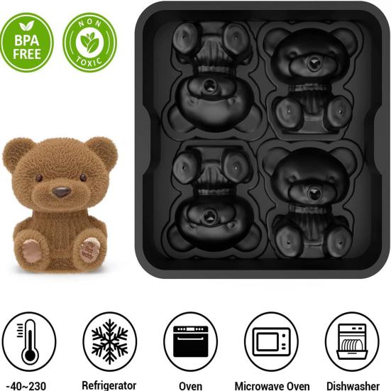 Ice Cube Tray 3D Bear Shape Food-grade Silicone Ice Mold Dishwasher Safe Slow Melting Cocktail Ice Mold