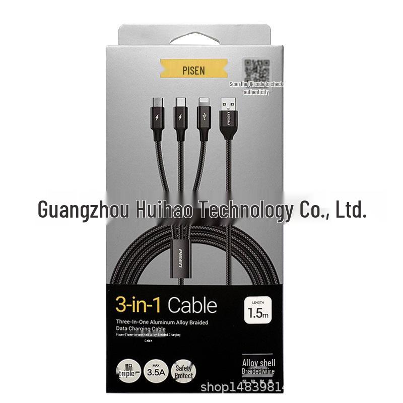 PISEN Aluminum Alloy 3-in-1 Braided Data Cable for Apple, Android, Type-C Devices