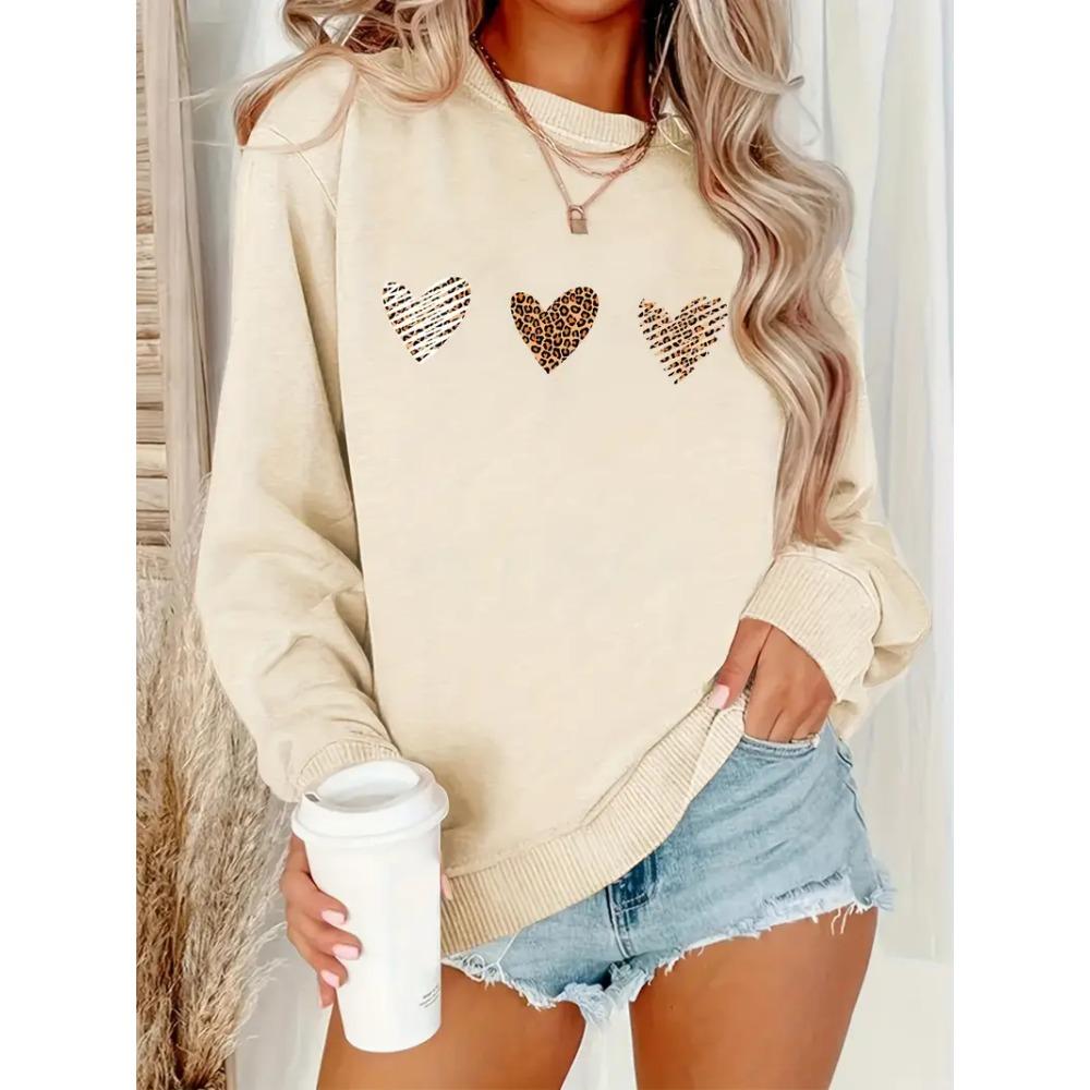 

Hoodie Leopard Heart Print Pullover Sweatshirt Casual Long Sleeve Crew Neck Sweatshirt for Fall Winter Women s Clothing S бежевий