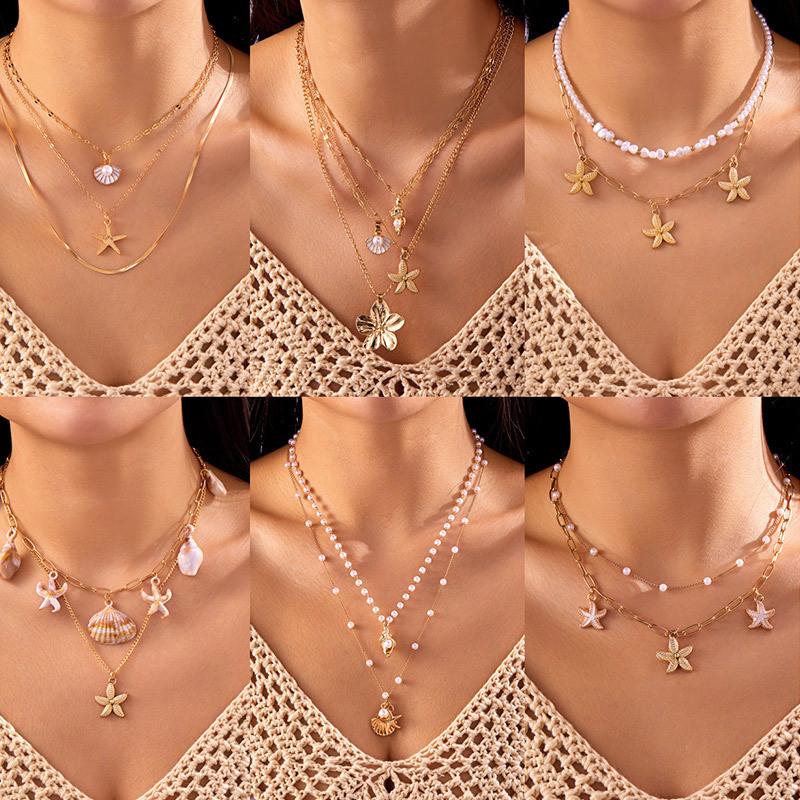 Bohemian Starfish Pearl Pendant Necklace For Women With Multilayer Design And Zinc Alloy Chain