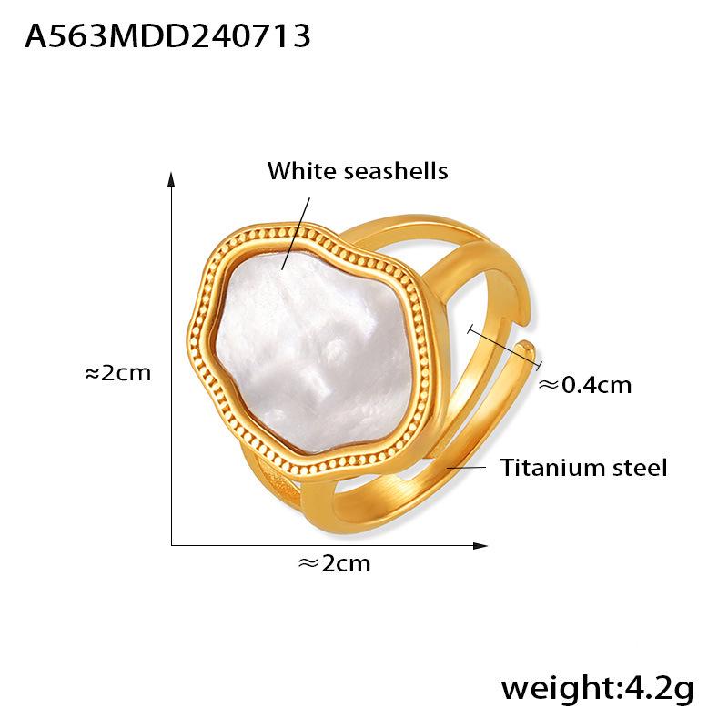 Adjustable Retro 18K Gold Plated Titanium Steel Ring with White Mother-of-Pearl for Women