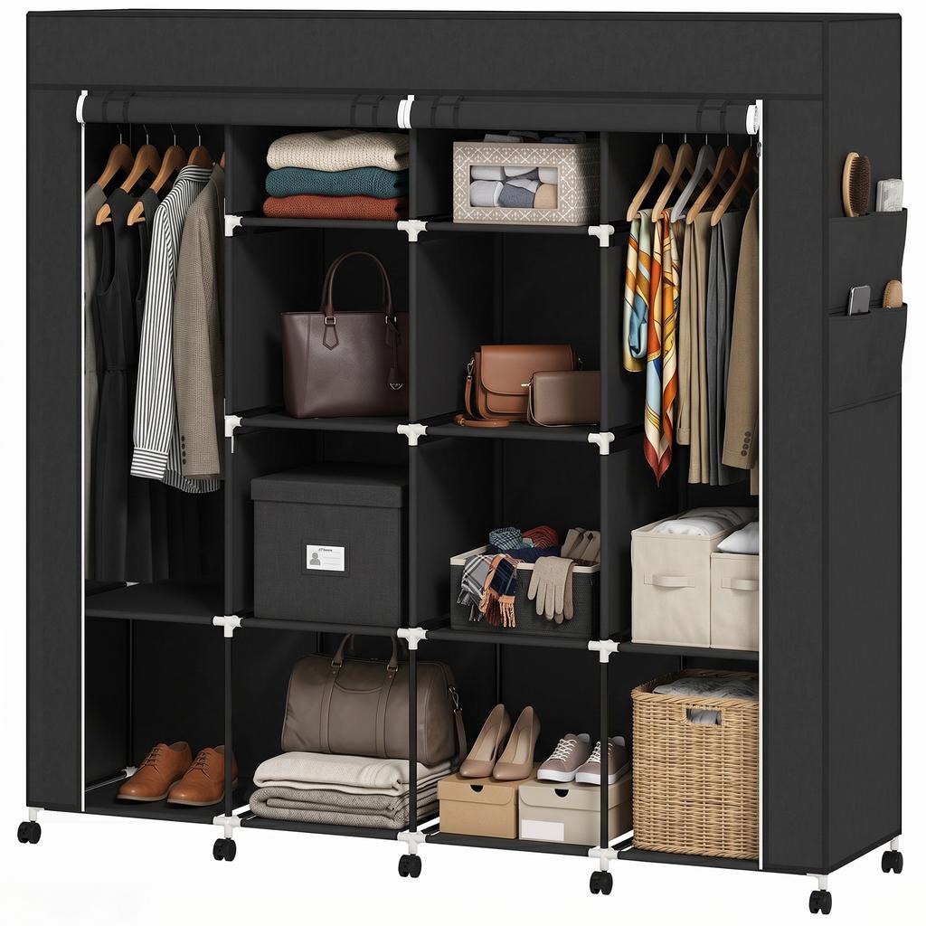 Fabric wardrobe closet, mobile storage furniture with 10 wheels and 10 compartments, hanging rods, black