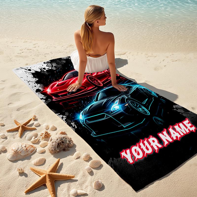 1PC Custom Name "Neon Sports Cars Artwork" Beach Towel Highly Absorbent And Sand-Resistant Towel for Swimming, Pool, Yoga, And Travel Lightweight