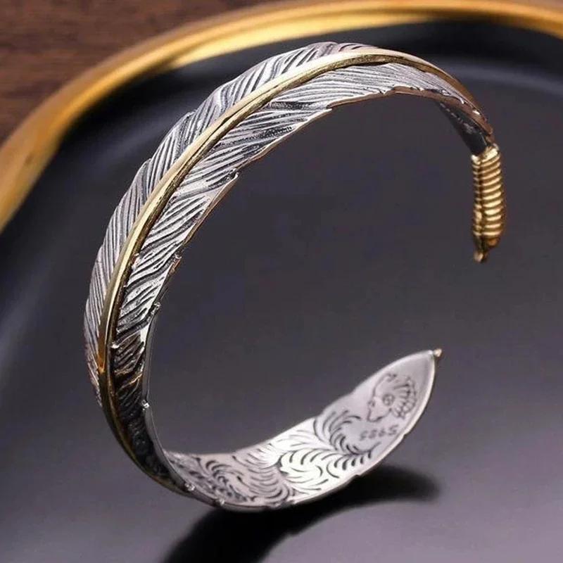 Fashionable Wings Feather Adjustable Cuff Bracelet for Men Trendy Open Design Lucky Jewelry Gift
