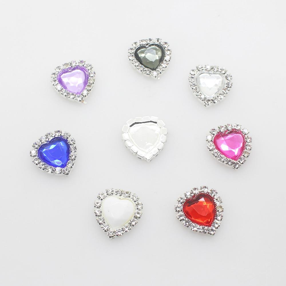 Mini 16mm(4/10 Inch) 10pcs Heart Acrylic Rhinestone Buttons DIY Hair Accessory Wedding Initiation Ribbon Decoration